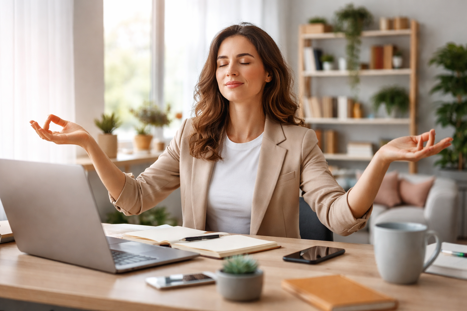 Ofisinde meditasyon yapan genç kadın, iş yaşamı dengesini korumak için mola veriyor.